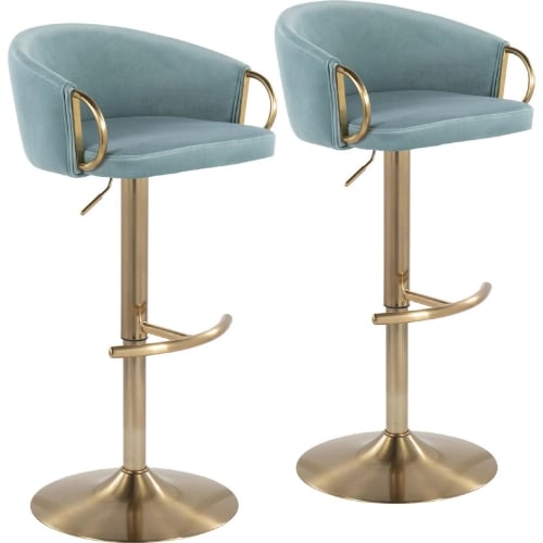 Claire Adjustable Bar Stool in Light Blue Velvet & Gold Metal (Set of 2)